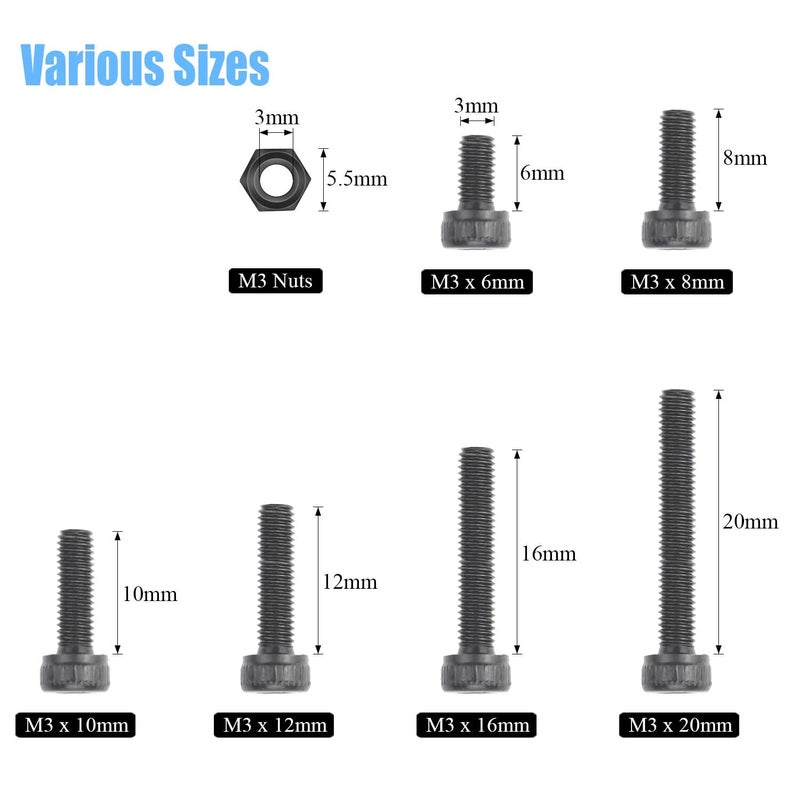 DYWISHKEY 360 Pieces M3 x 6mm/8mm/10mm/12mm/16mm/20mm, 12.9 Grade Alloy Steel Hex Socket Head Cap Bolts Screws Nuts Kit with Hex Wrench - Image 3